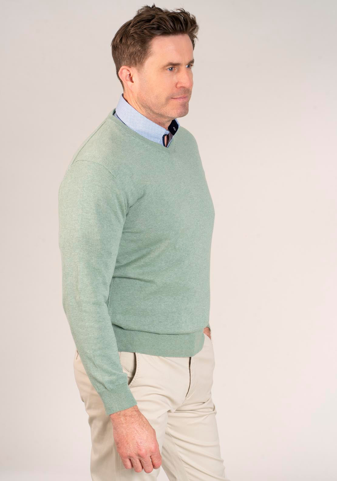 Yeats 100% Cotton V-Neck Knit - Green 3 Shaws Department Stores