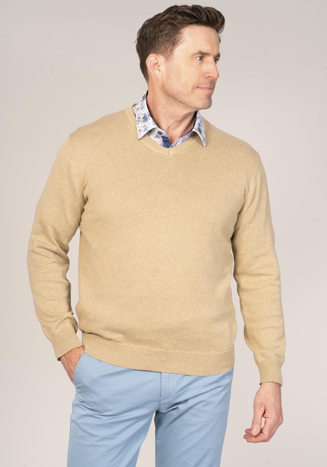 Yeats 100% Cotton V-Neck Knit - Beige 1 Shaws Department Stores