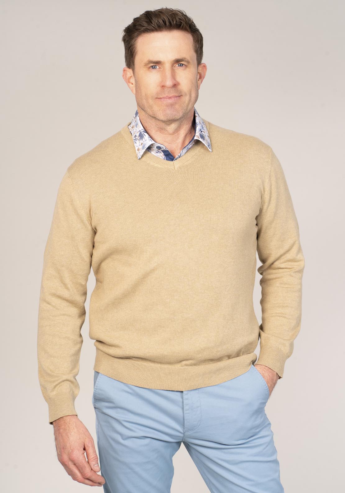 Yeats 100% Cotton V-Neck Knit - Beige 5 Shaws Department Stores