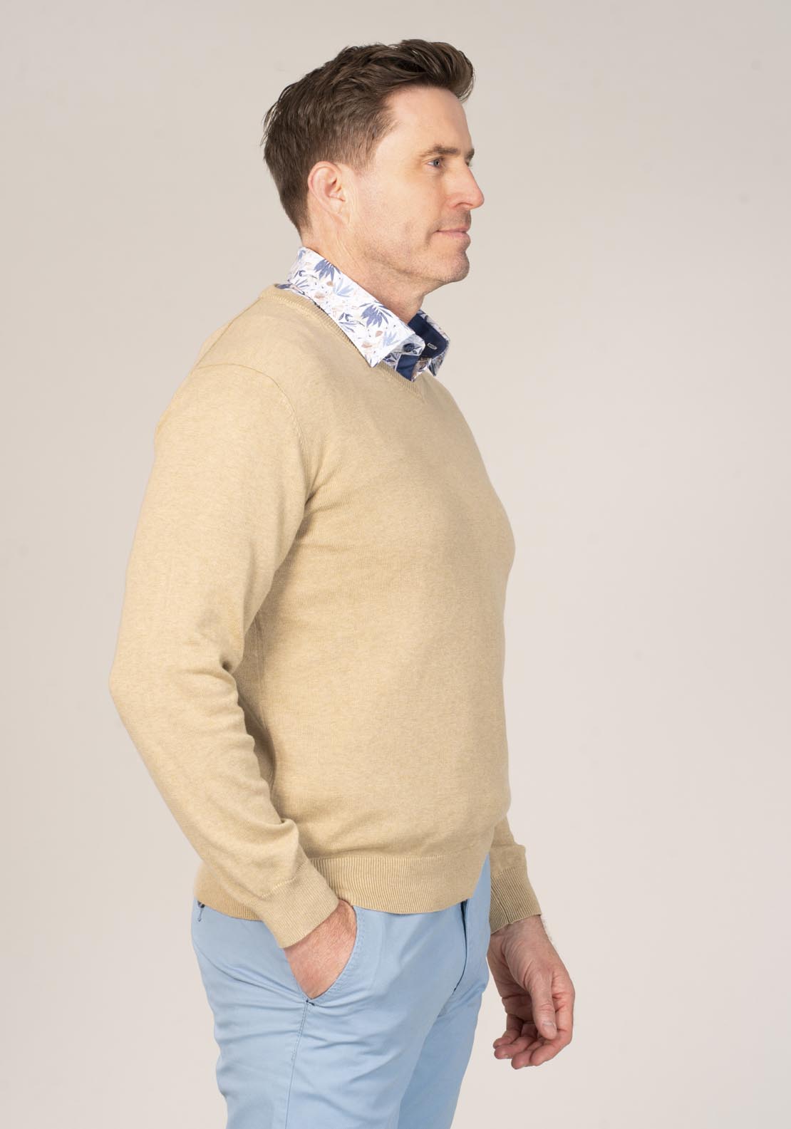 Yeats 100% Cotton V-Neck Knit - Beige 4 Shaws Department Stores