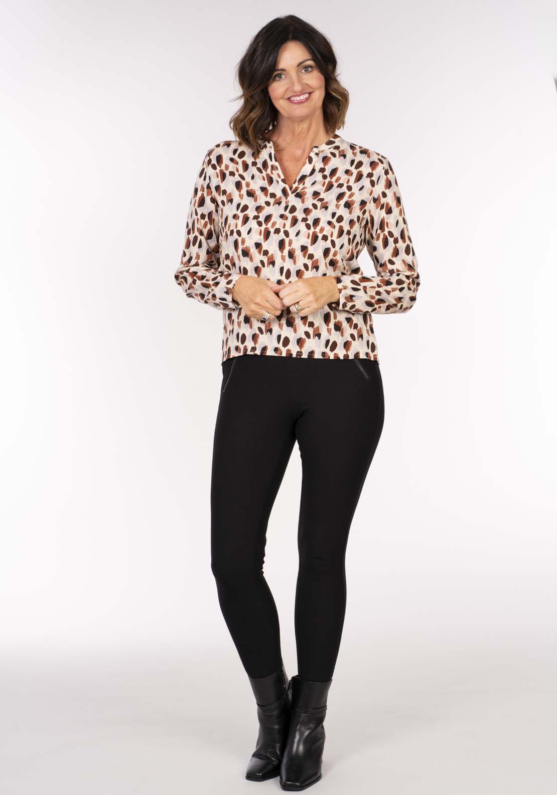 Tea Lane Print Notch Blouse - Beige 5 Shaws Department Stores