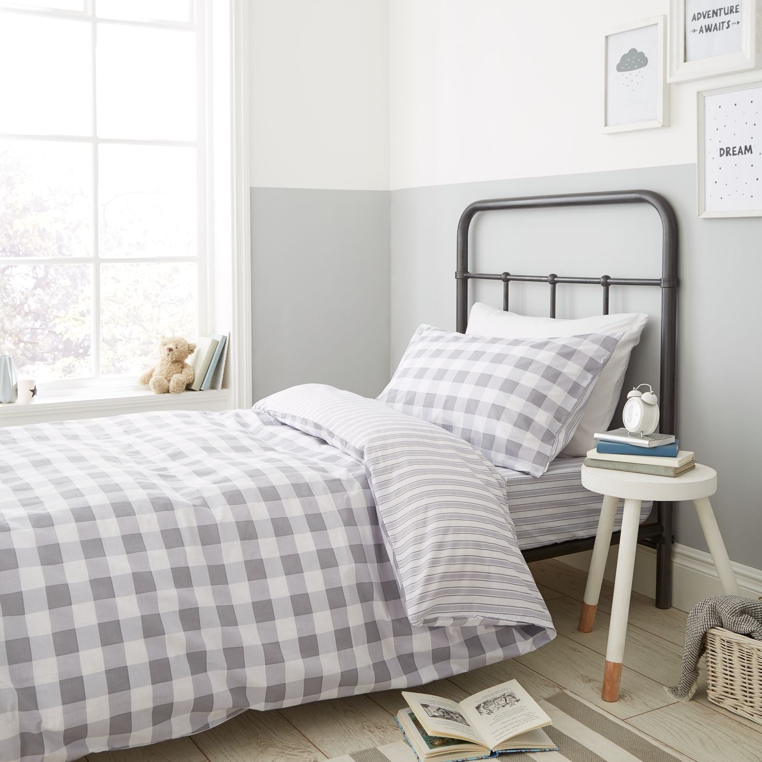 Bianca Check And Stripe Cotton Duvet Cover Set -White/Grey 1 Shaws Department Stores