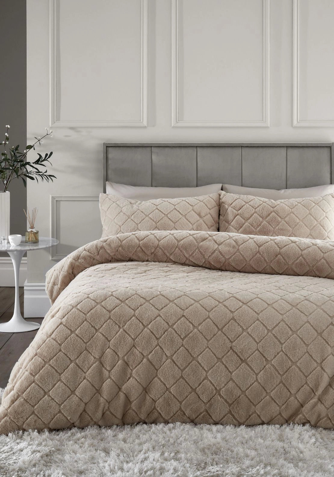 Cosy Diamond Faux Fur Duvet Cover Set Natural - Beige