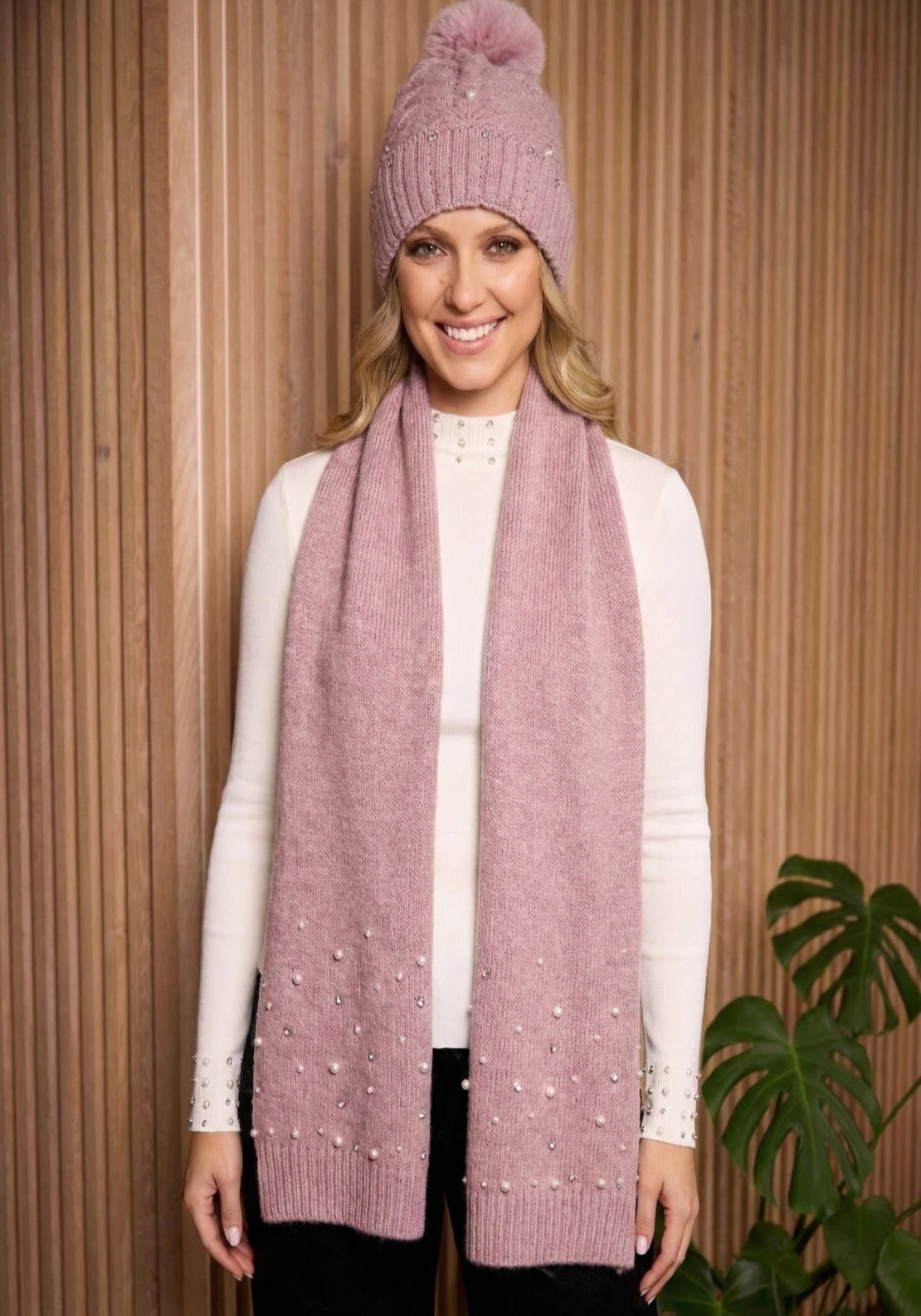 Something Special Diamante Hat & Scarf Set - Mauve 2 Shaws Department Stores