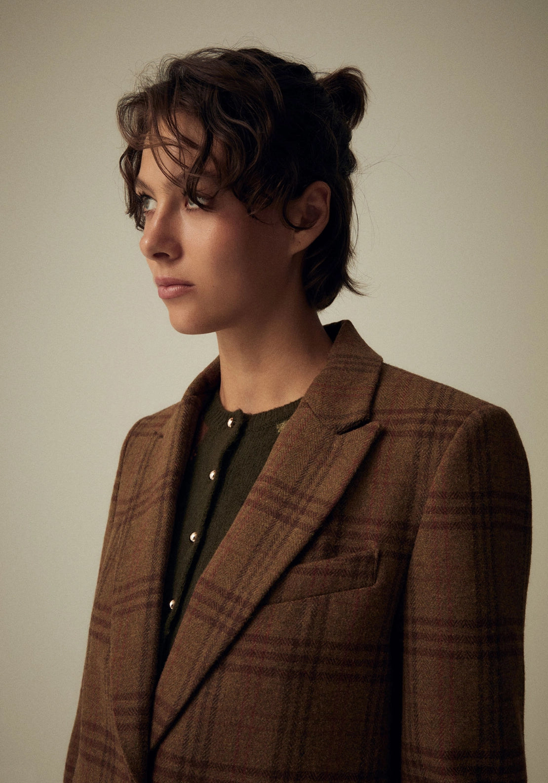 Checked Button Blazer - Beige