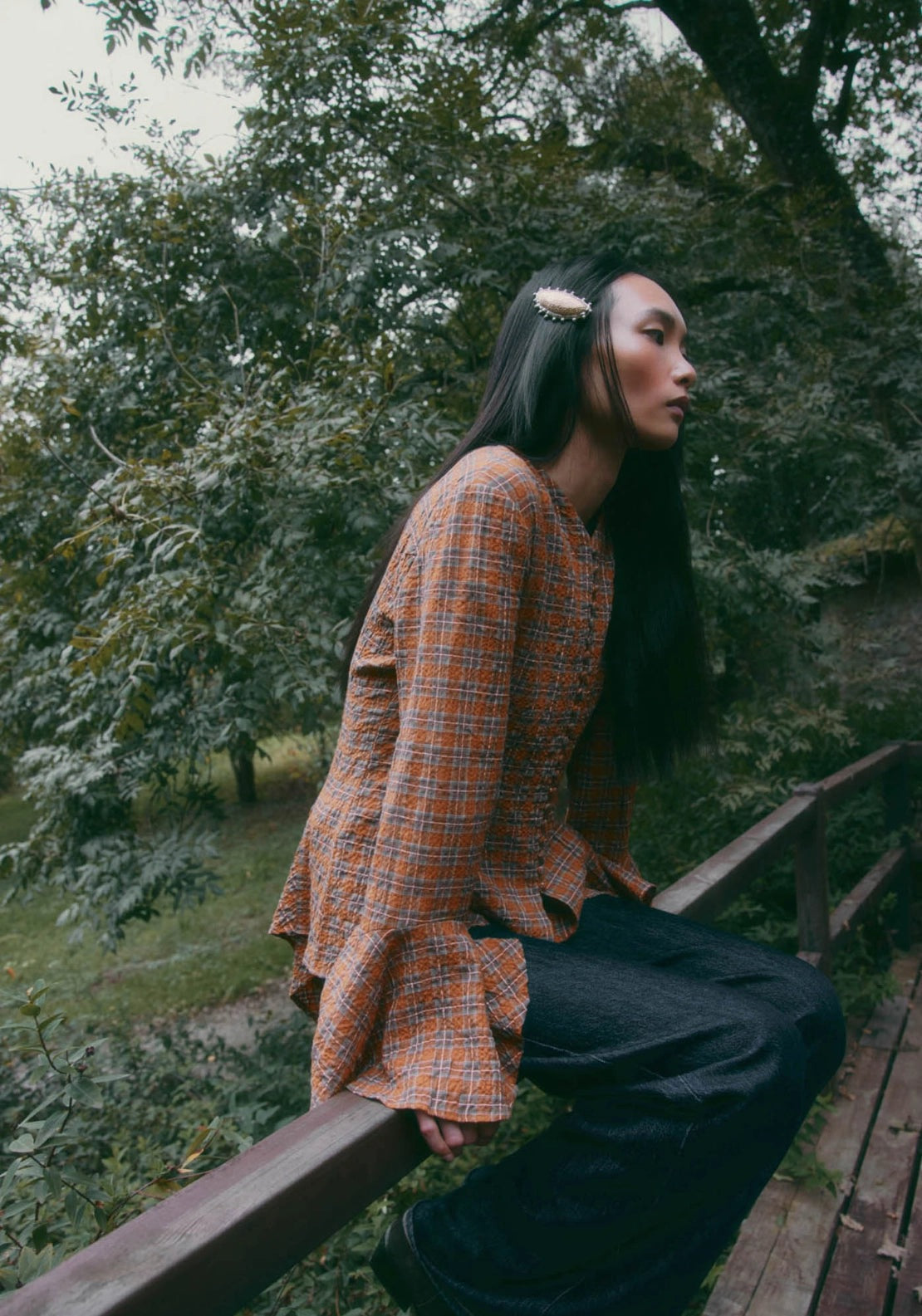 Checked Button Blouse - Orange