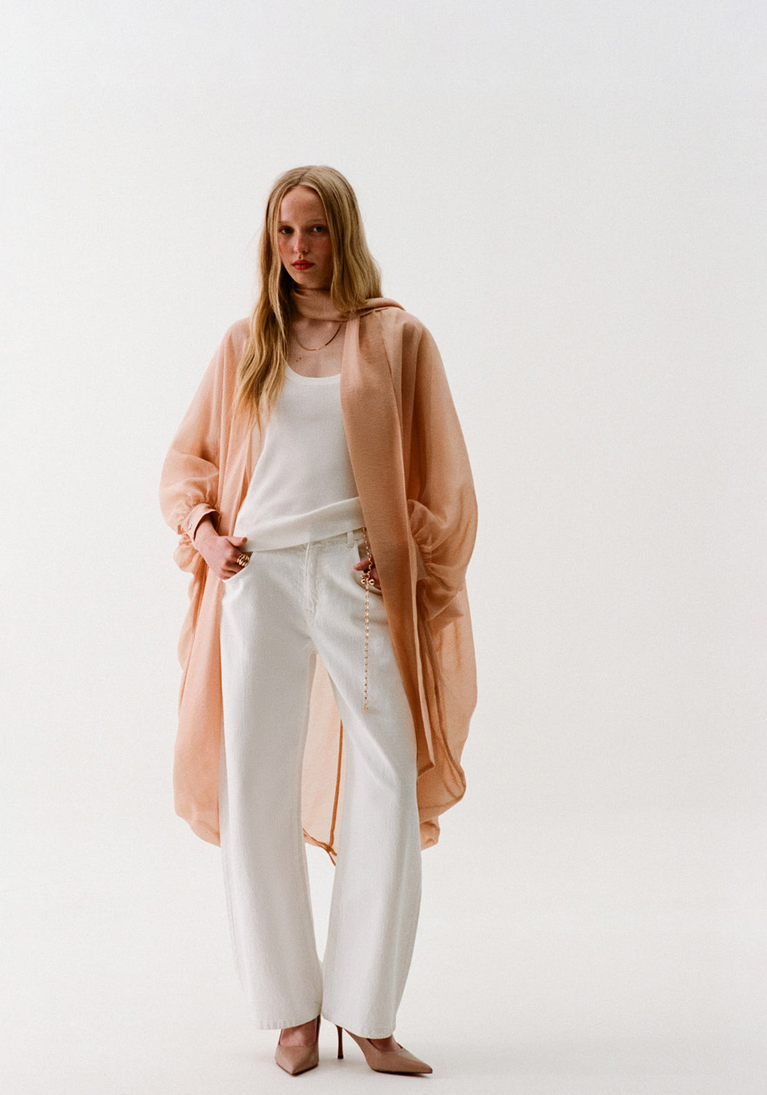 Cape With Scarf Style Sleeves - Peach
