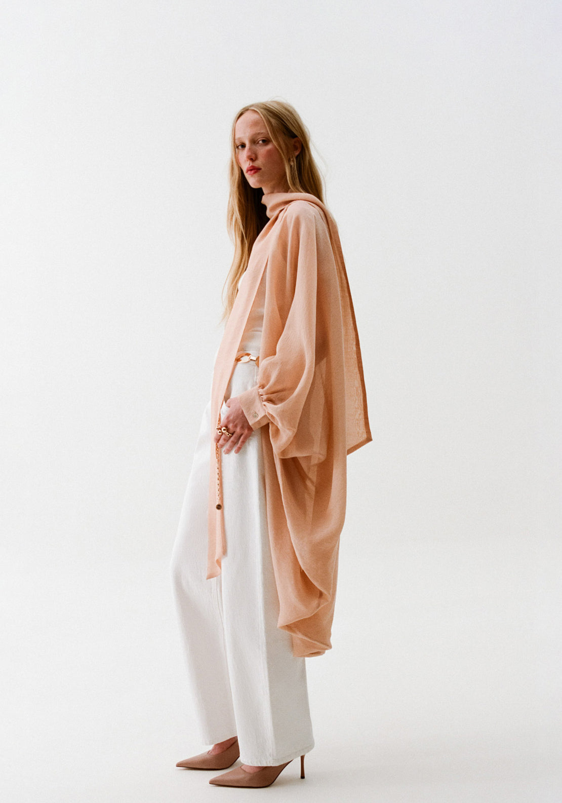 Cape With Scarf Style Sleeves - Peach
