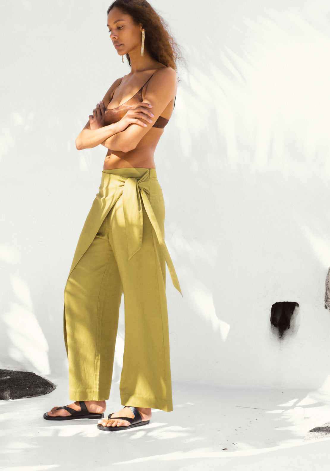 Sfera Linen Blend Loose Fit Wrap Trousers - Green 2 Shaws Department Stores