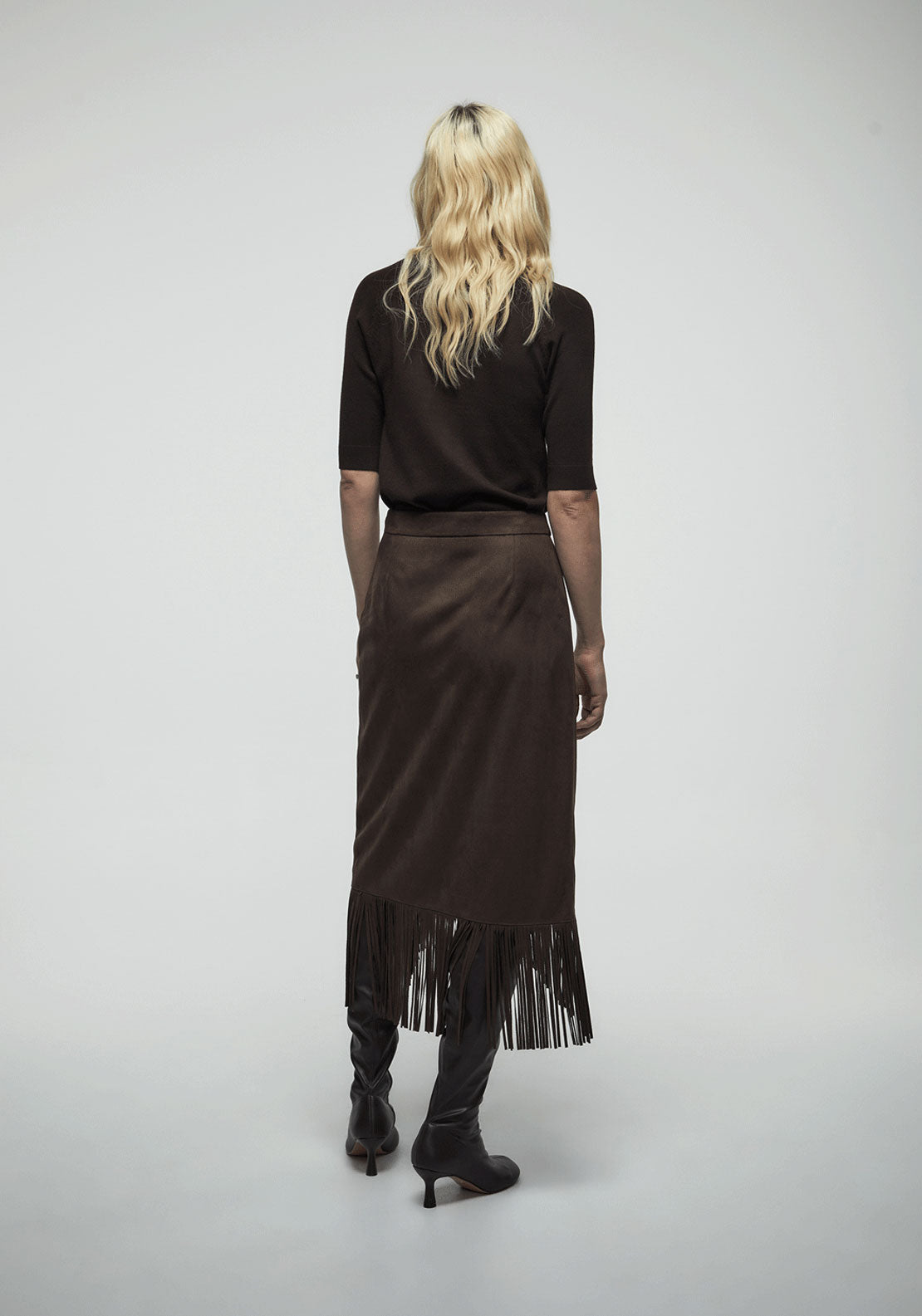 Faux Suede Fringe Skirt - Brown