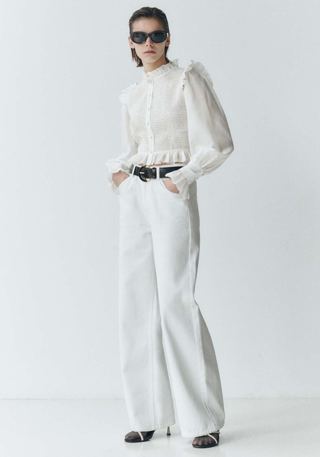 Sfera Long Sleeve Cropped Shirt with Detail - White 3 Shaws Department Stores