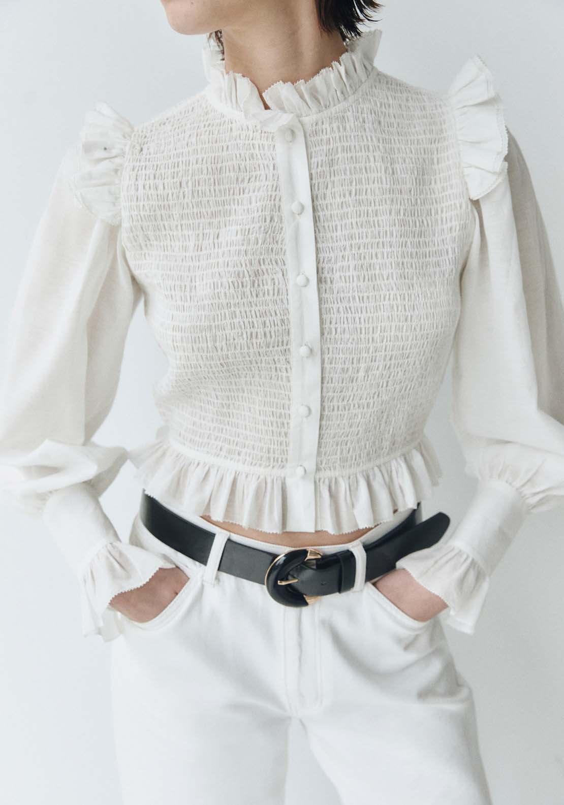 Sfera Long Sleeve Cropped Shirt with Detail - White 2 Shaws Department Stores