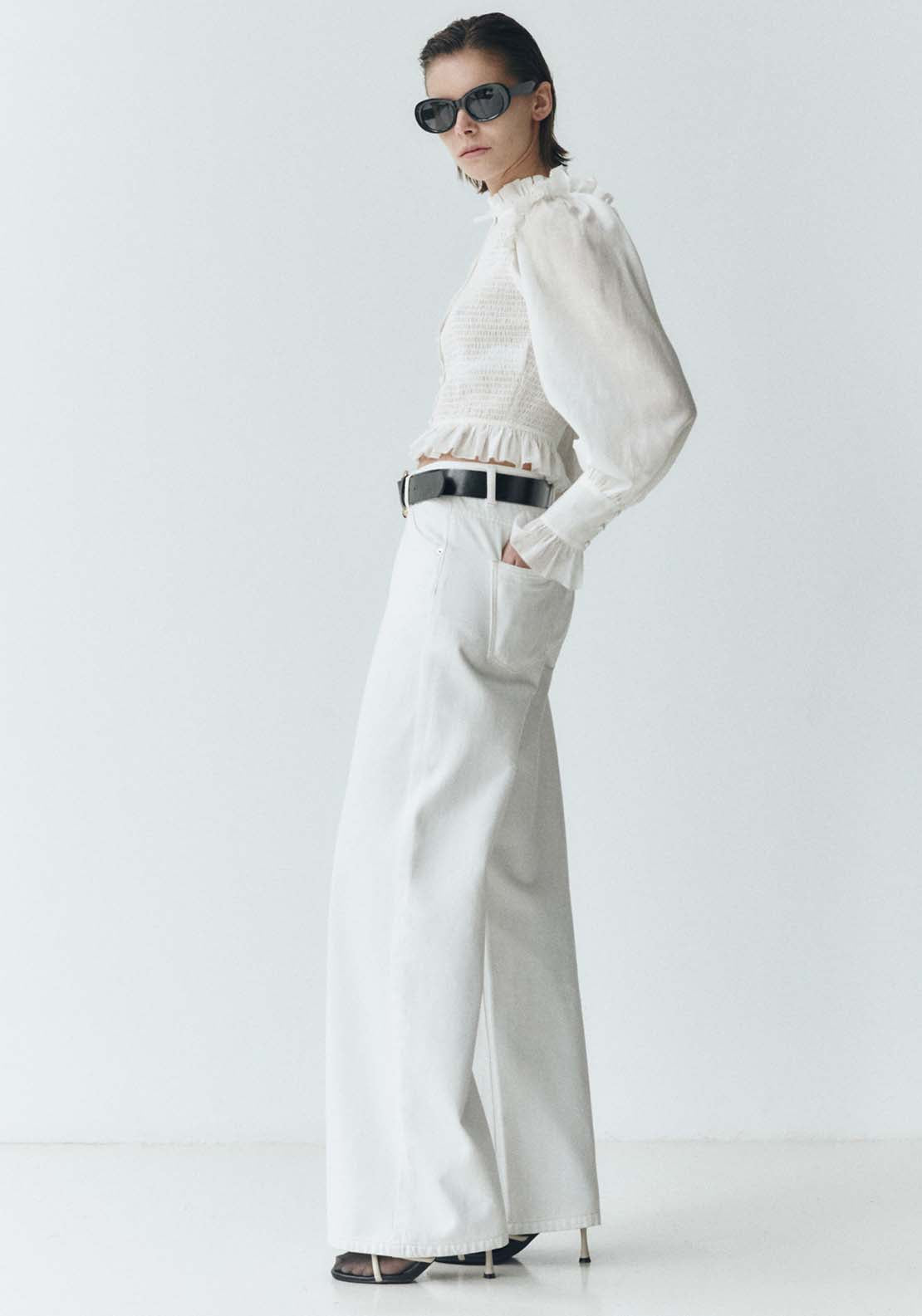 Sfera Long Sleeve Cropped Shirt with Detail - White 4 Shaws Department Stores
