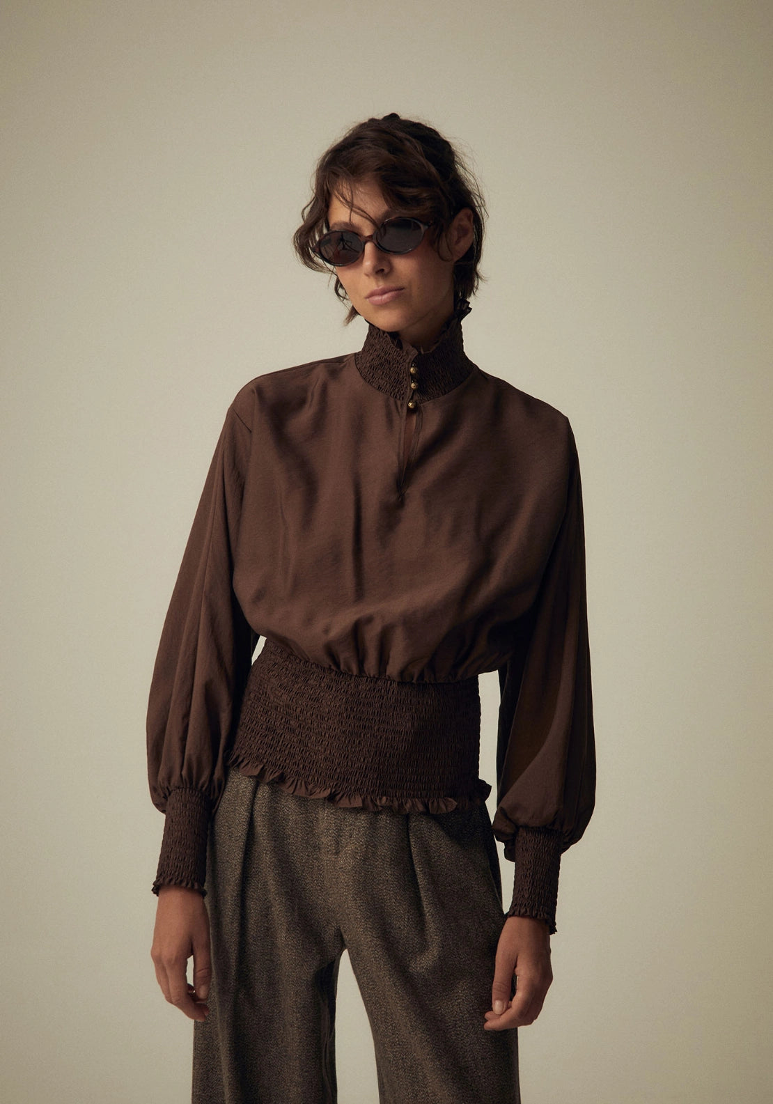 Elastic Neck Long Sleeve Top - Brown
