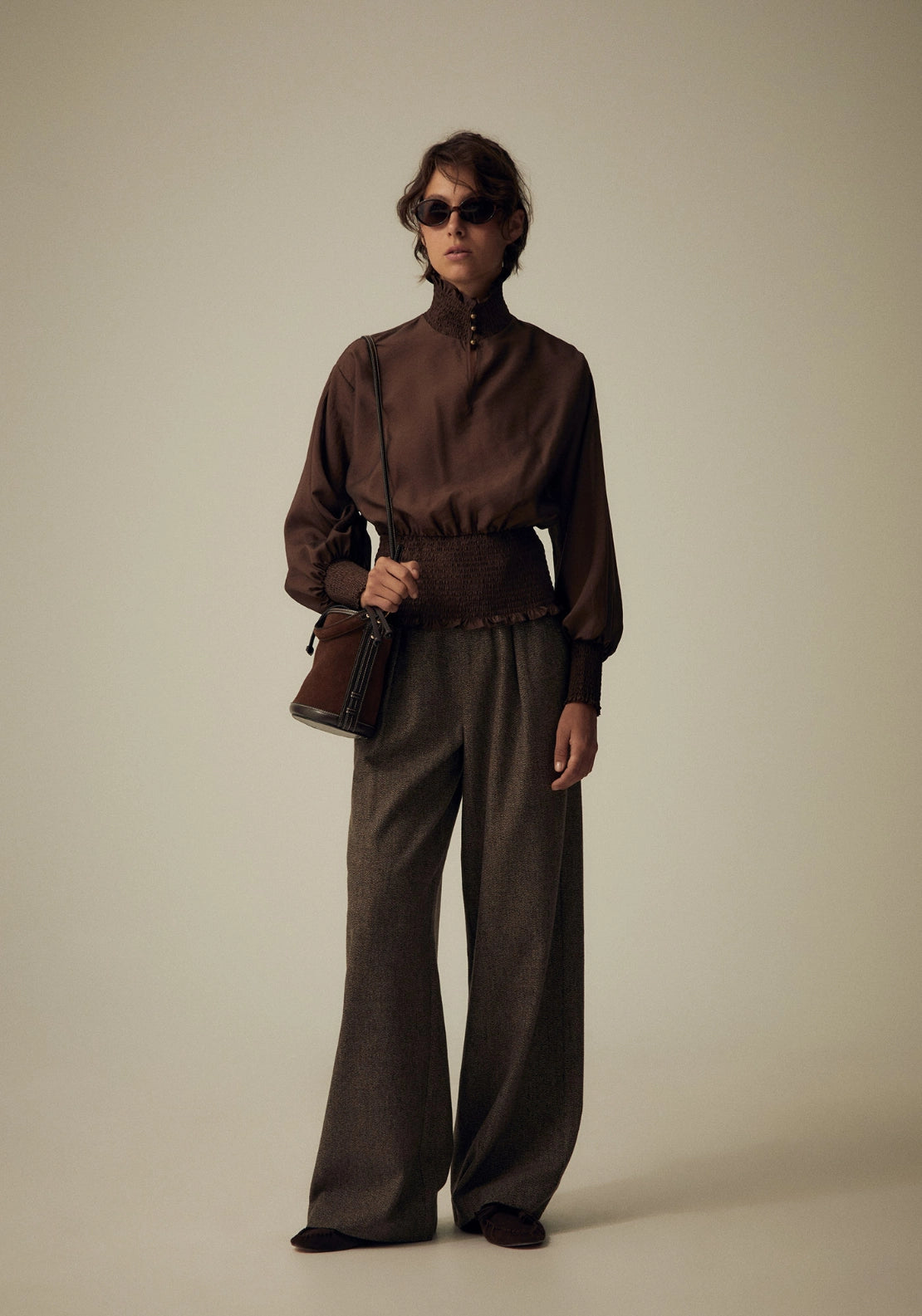 Elastic Neck Long Sleeve Top - Brown