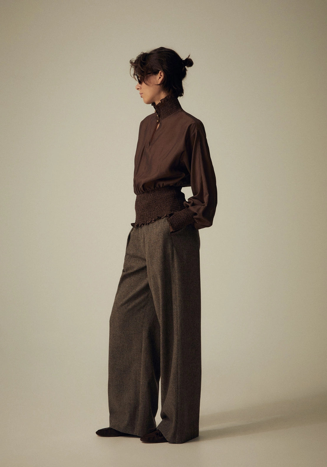 Elastic Neck Long Sleeve Top - Brown