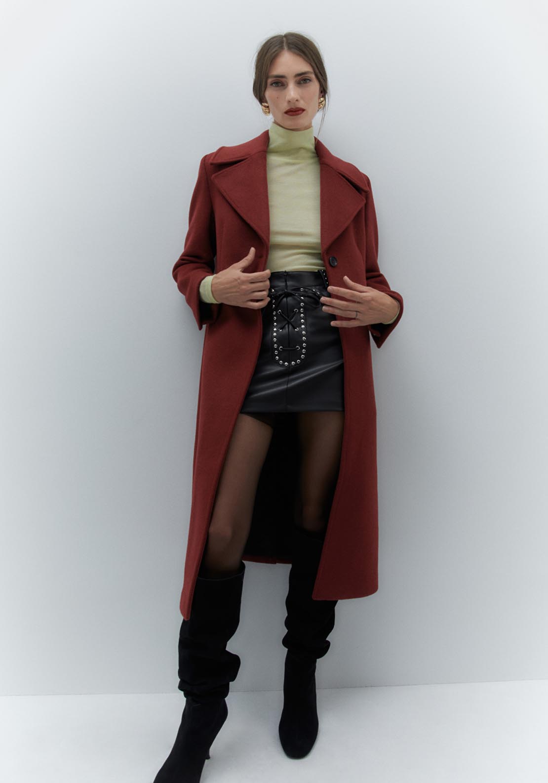 Sfera Long woollen coat - Burgundy 1 Shaws Department Stores