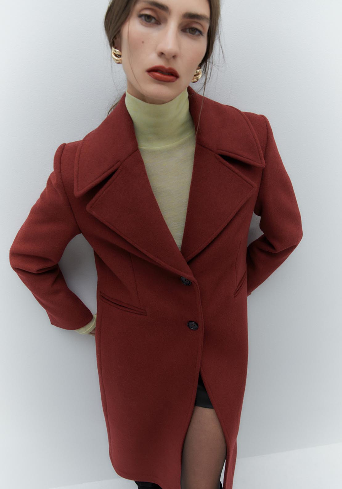 Sfera Long woollen coat - Burgundy 3 Shaws Department Stores