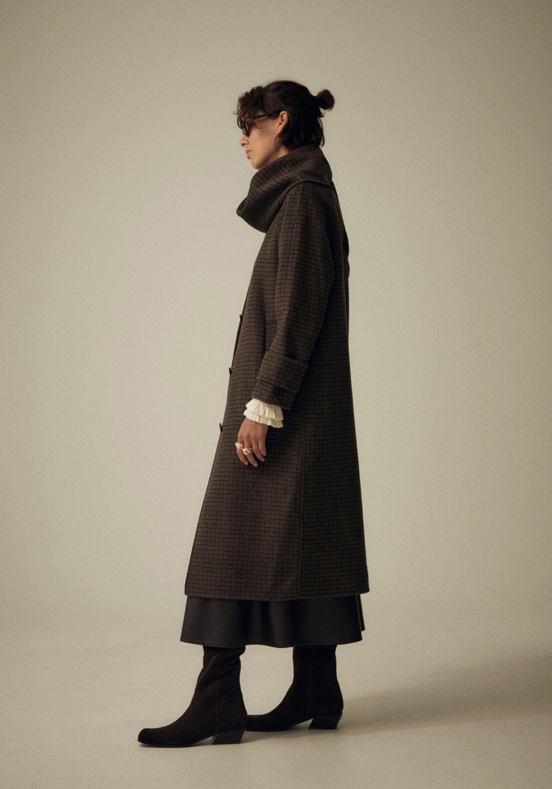 Scarf Detail Check Coat - Green