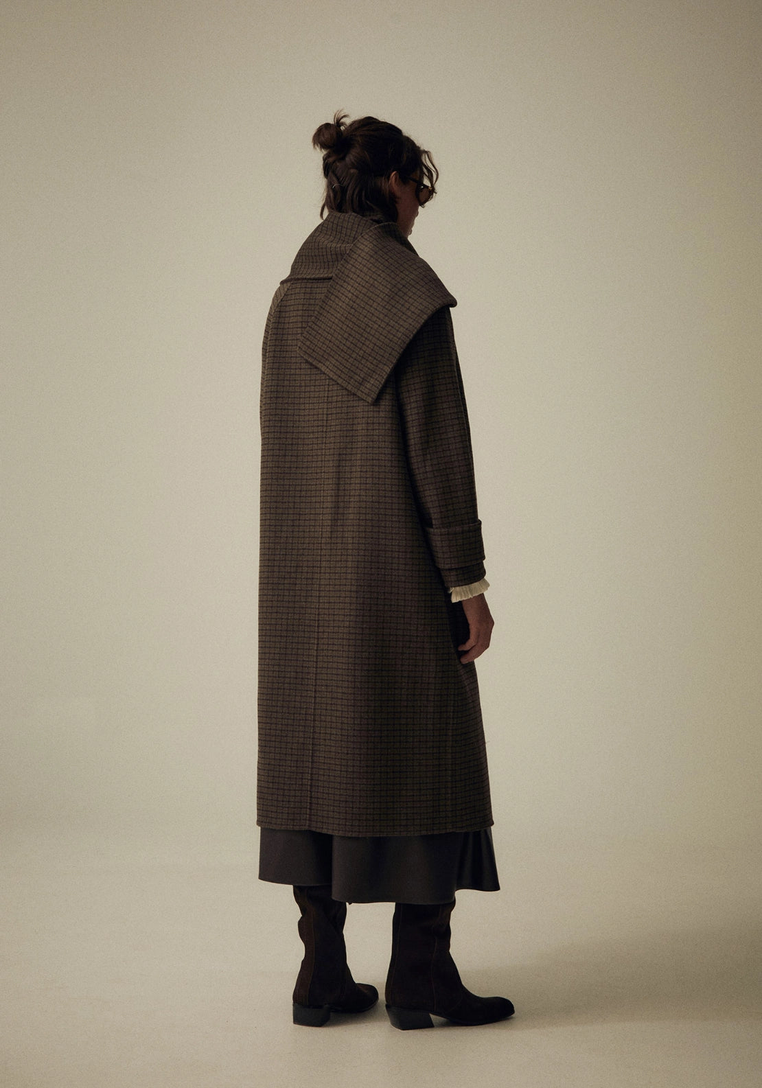 Scarf Detail Check Coat - Green