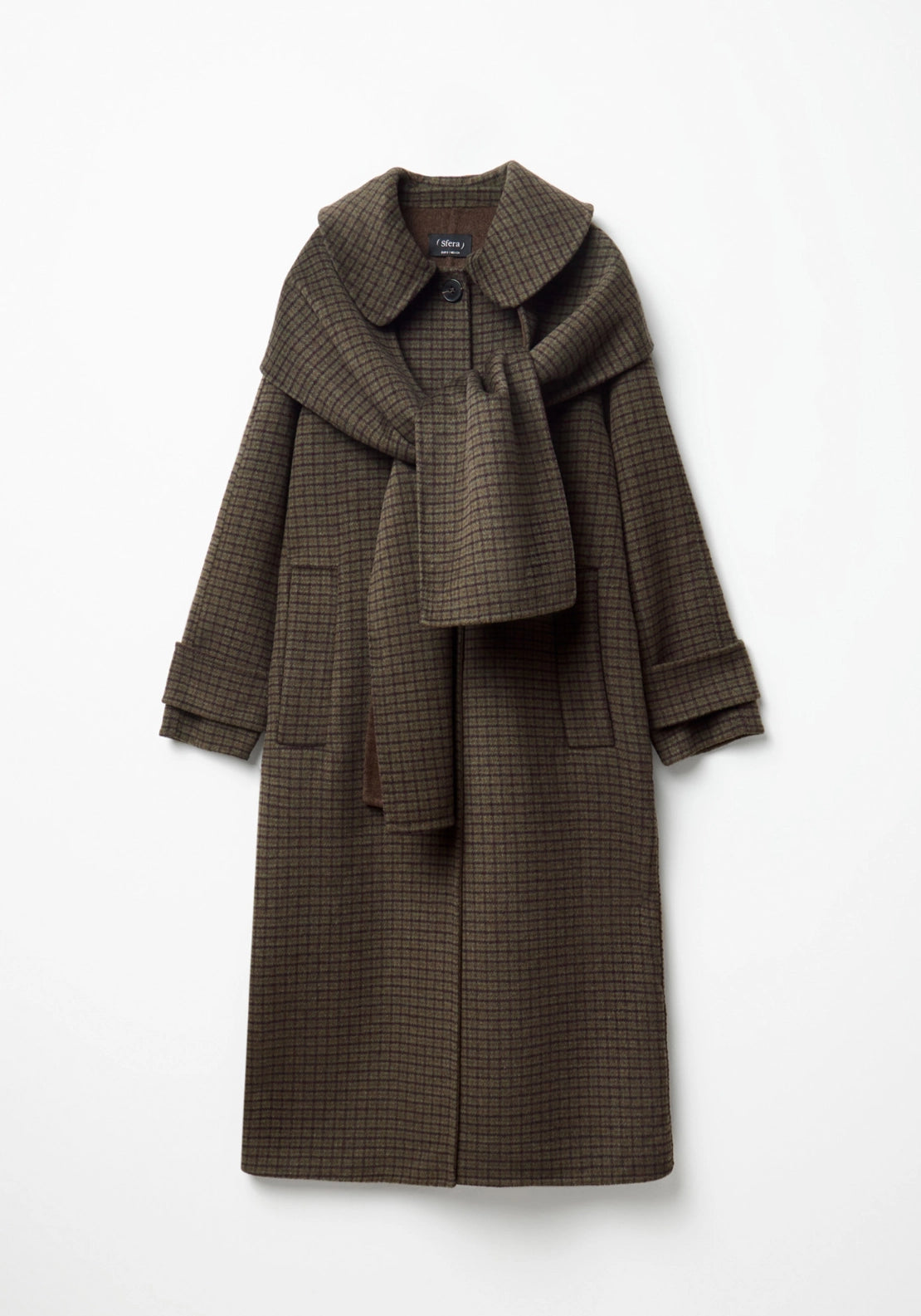 Scarf Detail Check Coat - Green