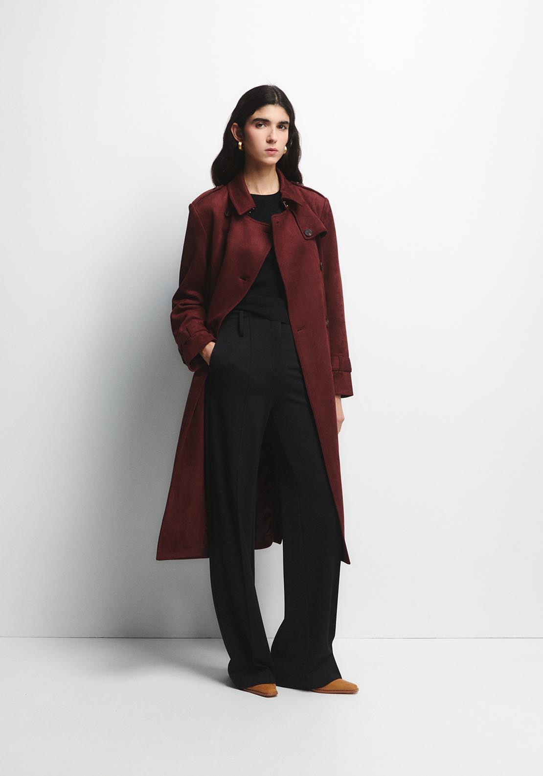 Faux Suede Trench Coat - Red