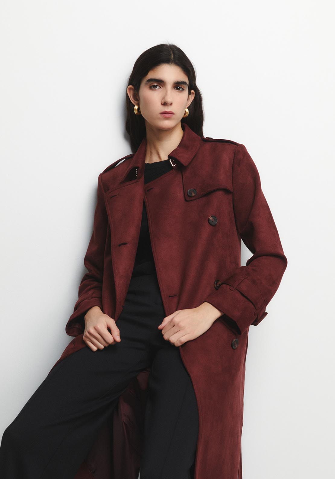 Faux Suede Trench Coat - Red