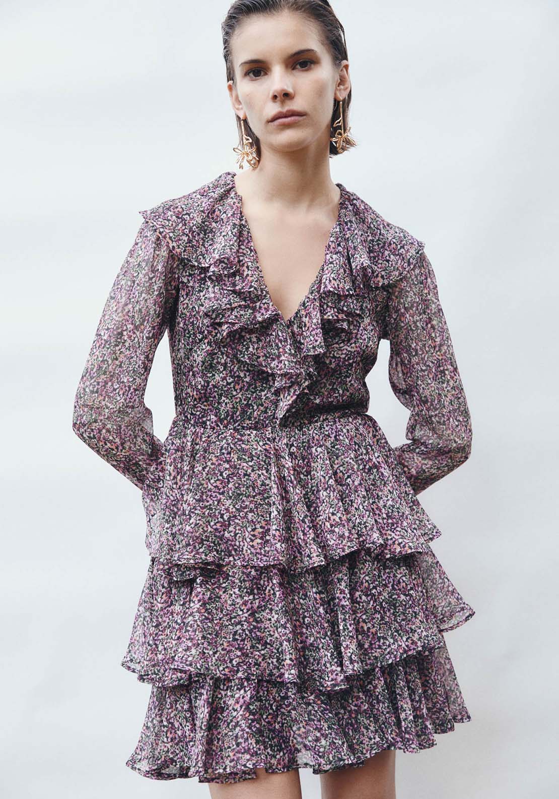 Sfera Long Sleeve Short Dress With Ruffels - Print Neg 4 Shaws Department Stores