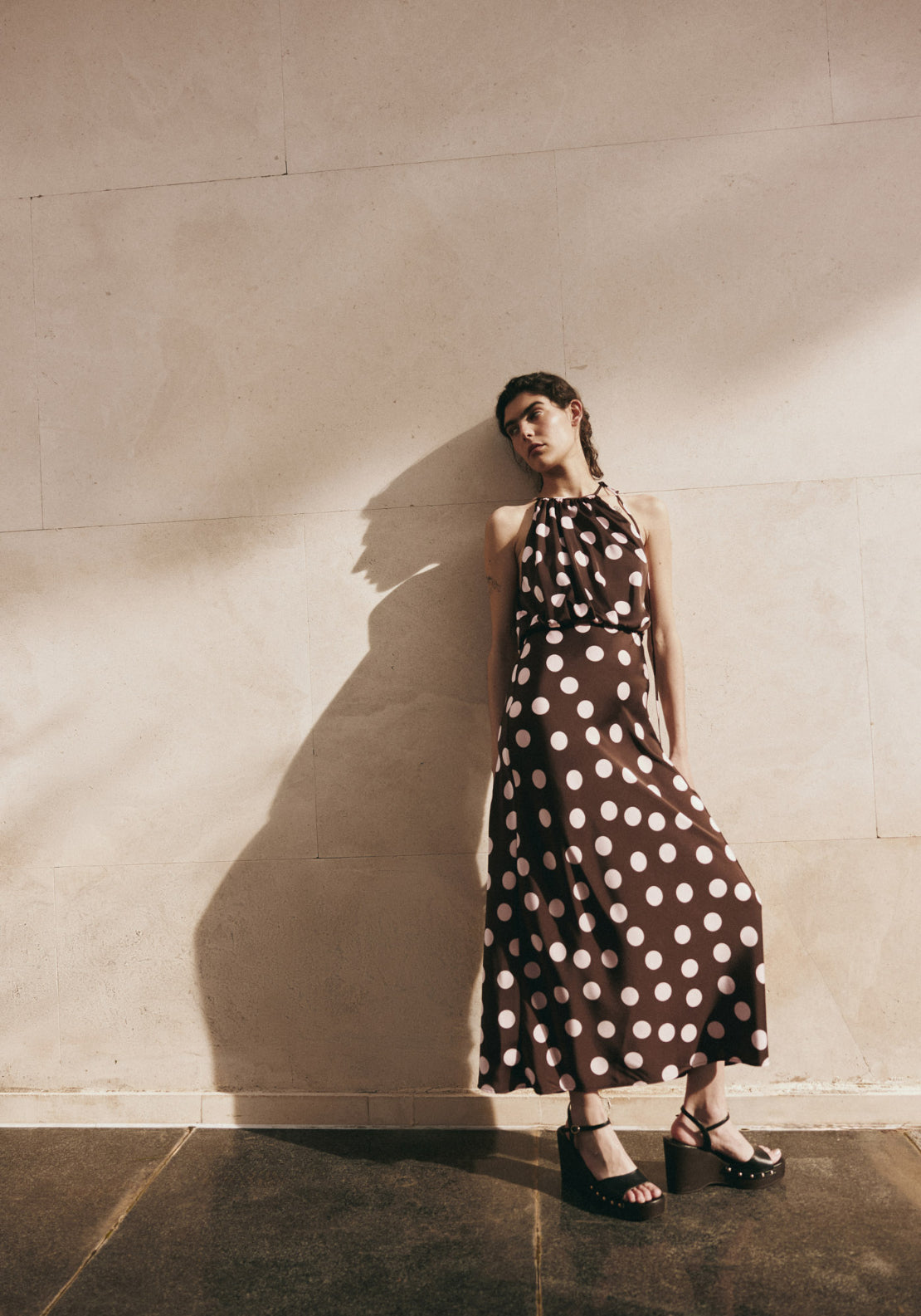 Satin Finish Halterneck Dress - Brown