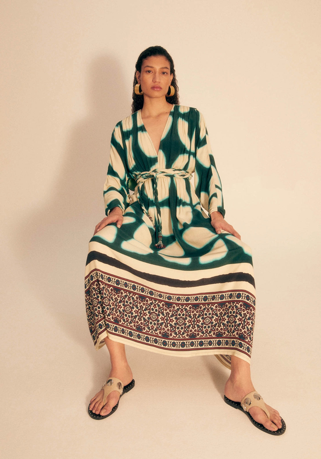 Braided Belt Dress - White/green