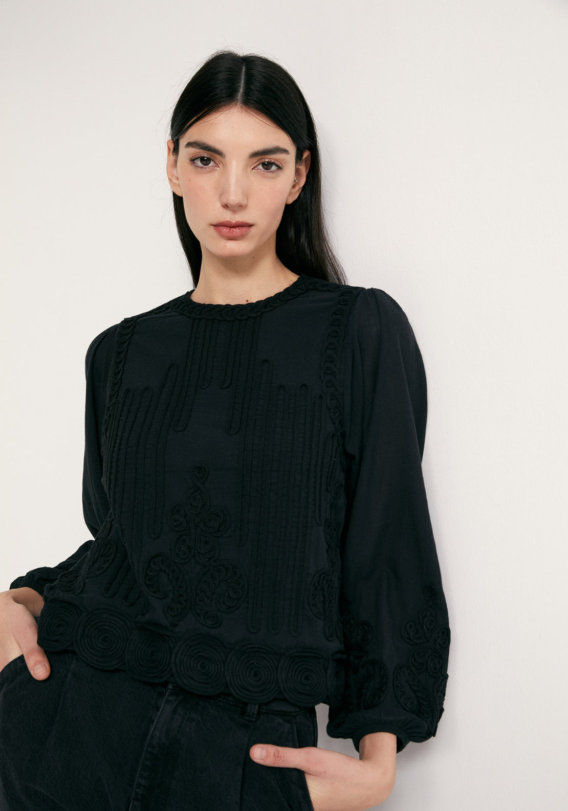Romantic Style Cotton Top - Black