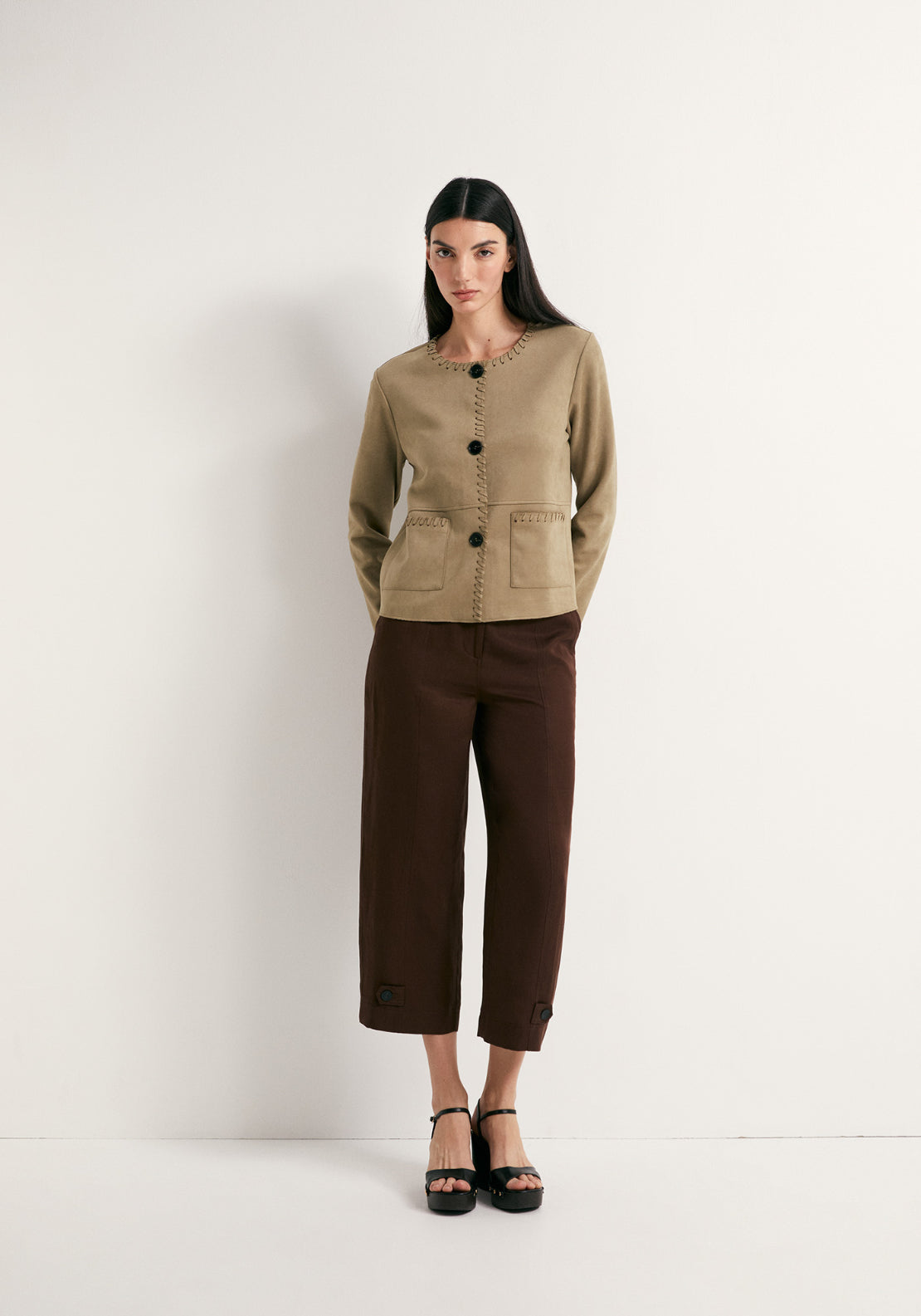 Faux Suede Stictch Detail Jacket - Khaki