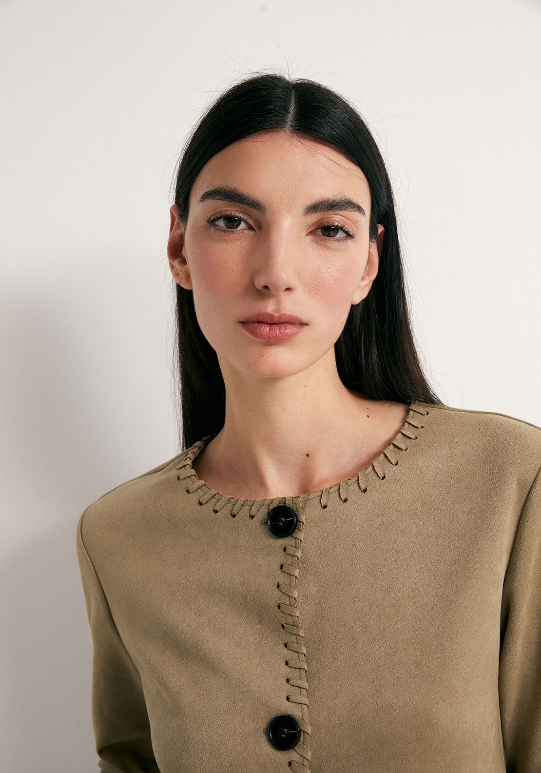 Faux Suede Stictch Detail Jacket - Khaki