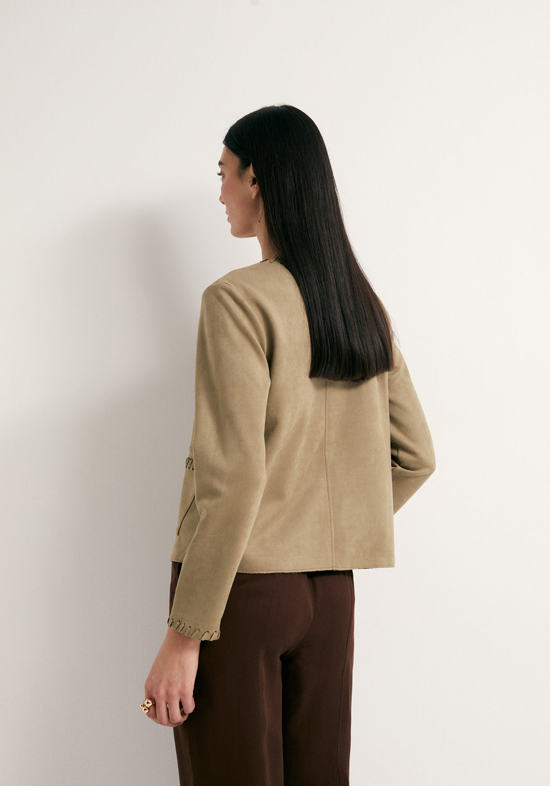 Faux Suede Stictch Detail Jacket - Khaki
