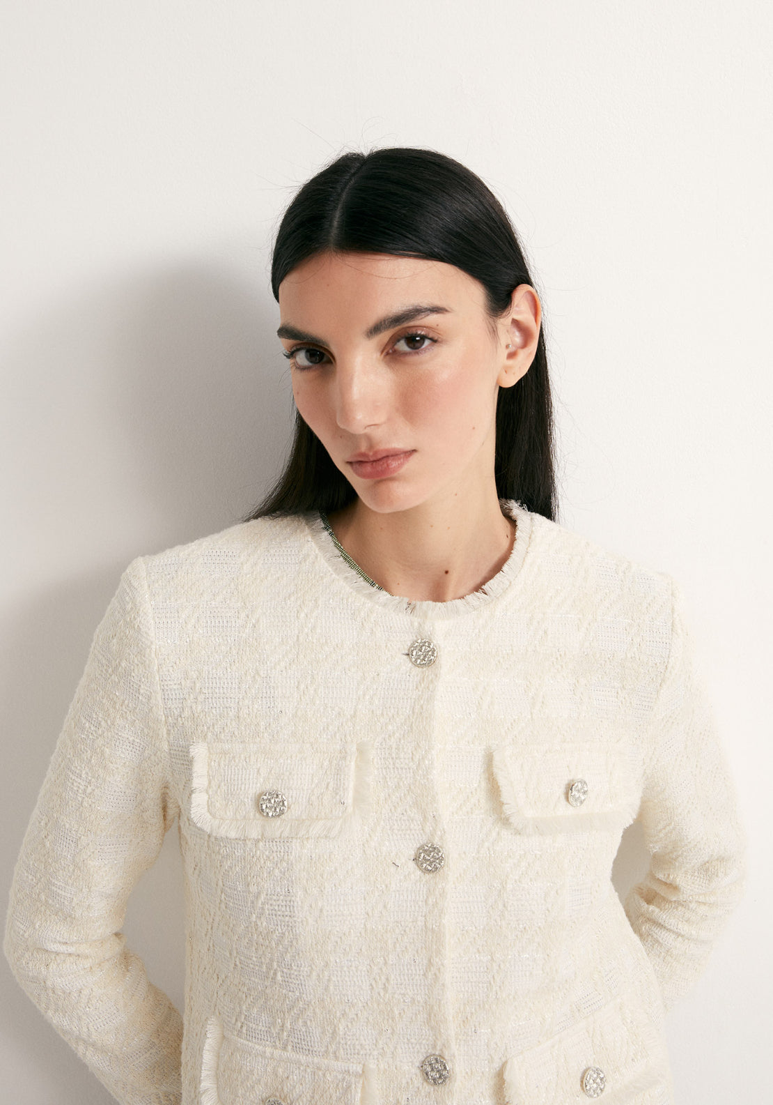 Textured Buttoned Jacket - Cream
