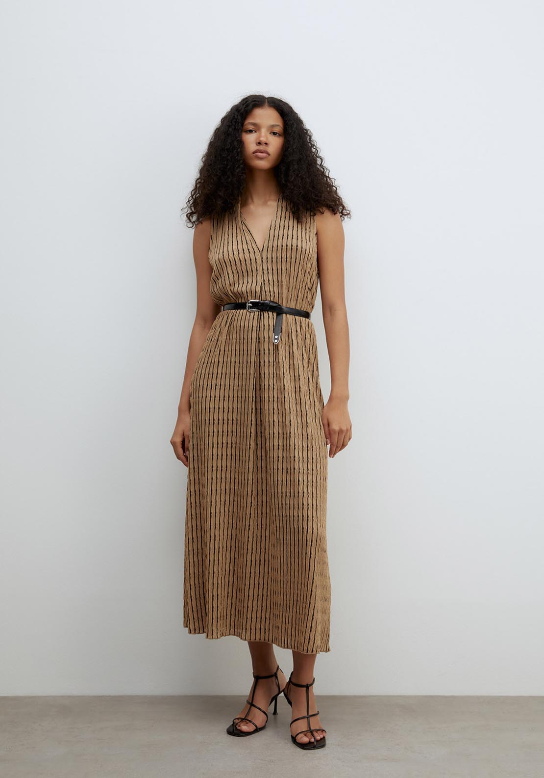 Sfera V Neck Structured Dress - Brown 1 Shaws Department Stores