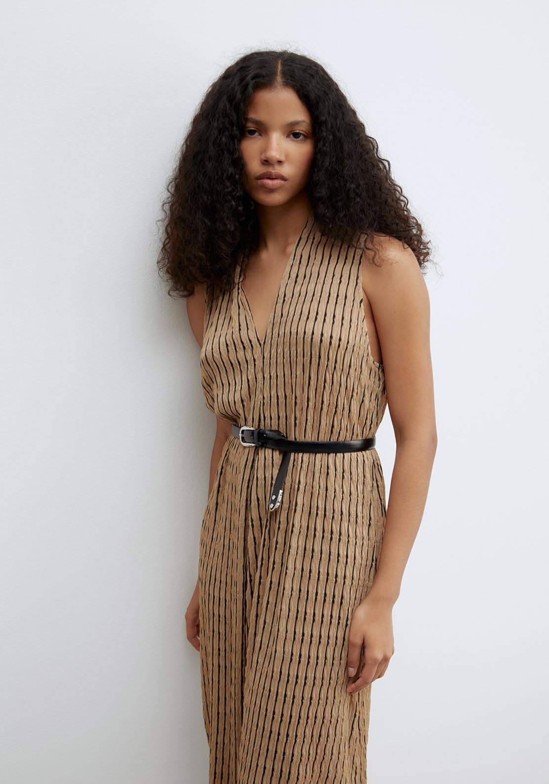 Sfera V Neck Structured Dress - Brown 4 Shaws Department Stores