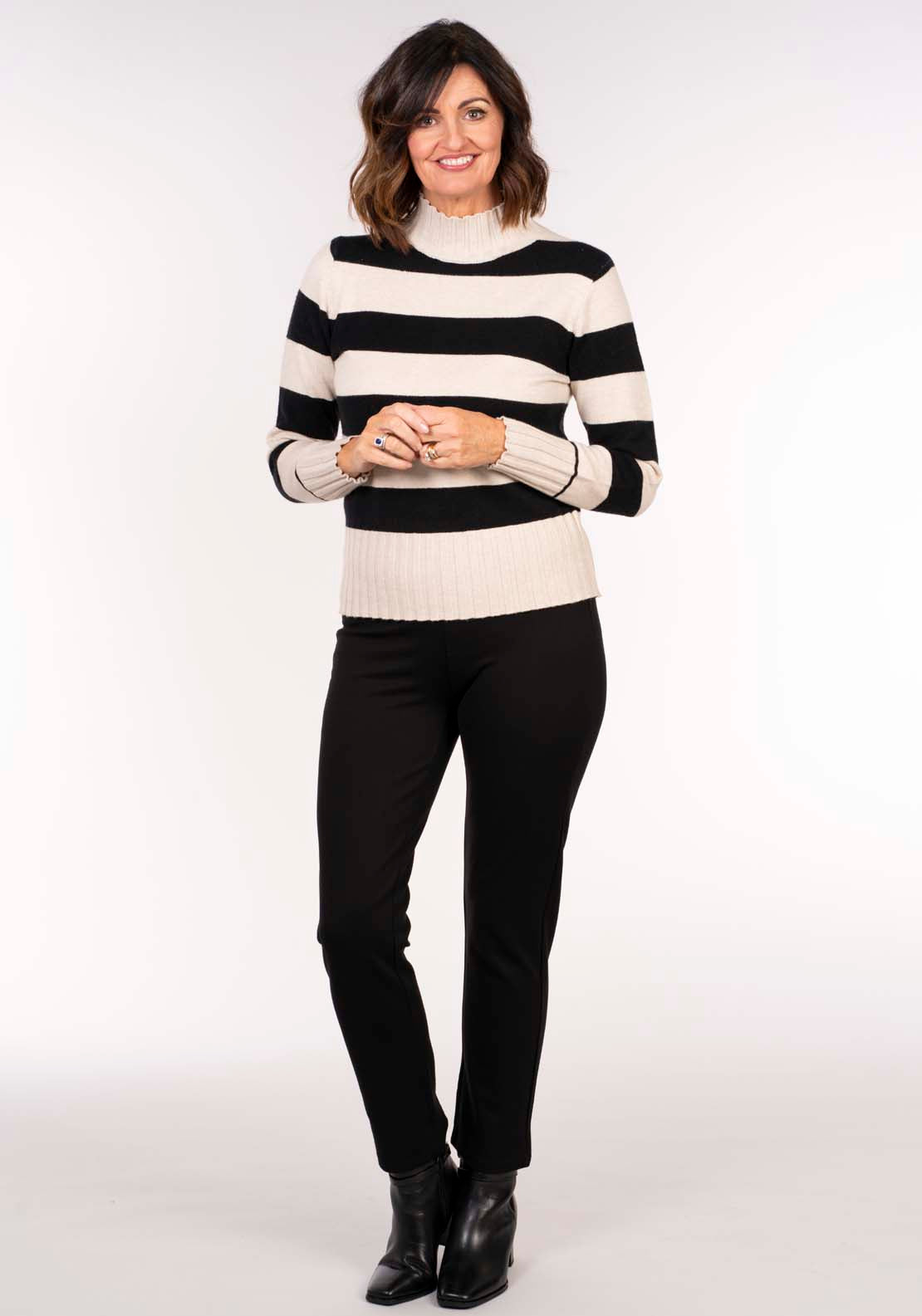 Tea Lane Stripe Turtle Neck Sweater - Beige / Black 4 Shaws Department Stores