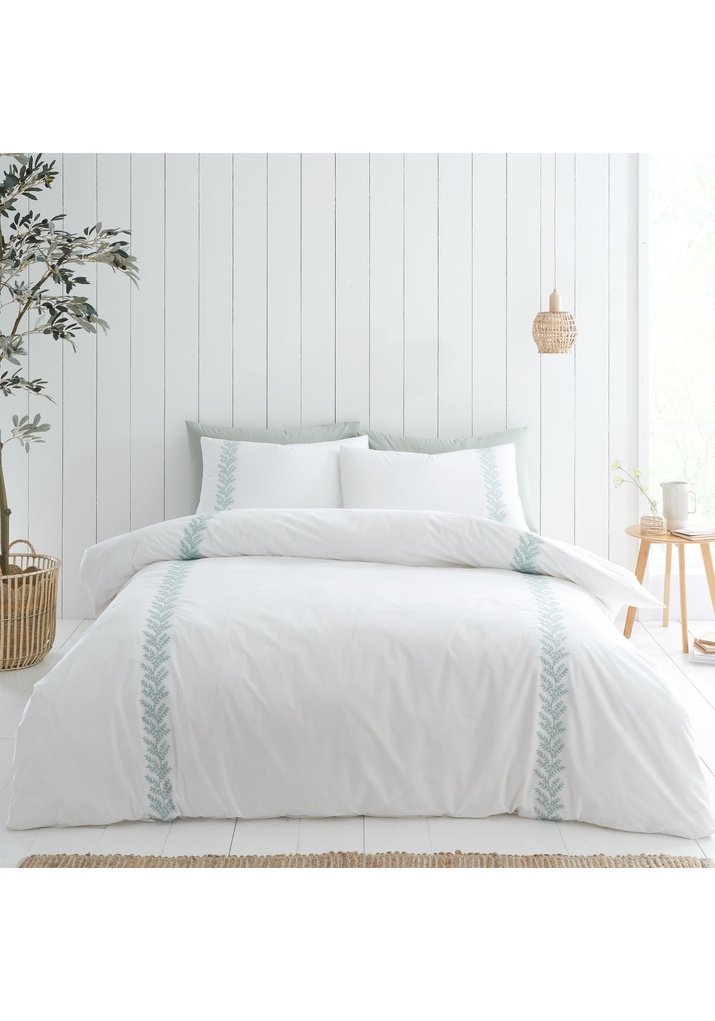 Bianca Embroidery Leaf 180 Thread Count Cotton Duvet Cover Set - White / Green 1 Shaws Department Stores
