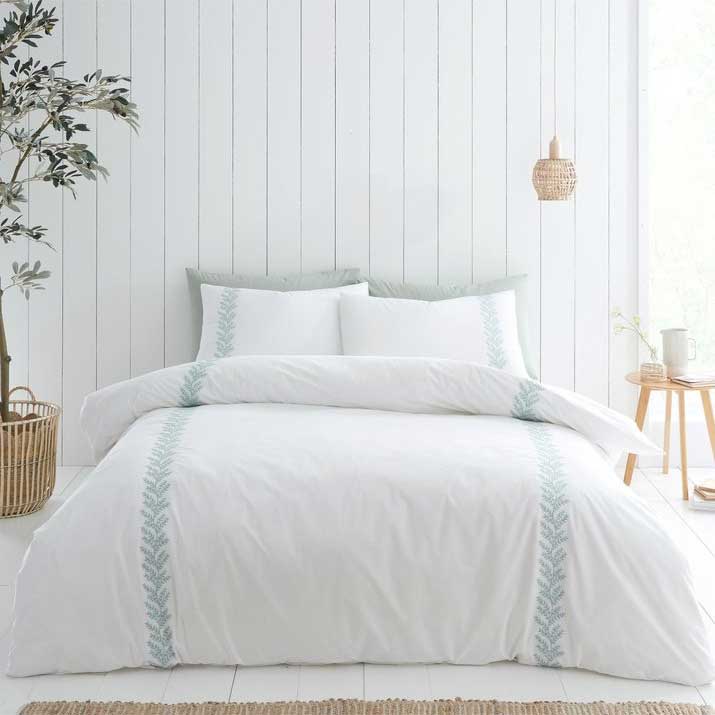 Bianca Embroidery Leaf 180 Thread Count Cotton Duvet Cover Set - White / Green 1 Shaws Department Stores