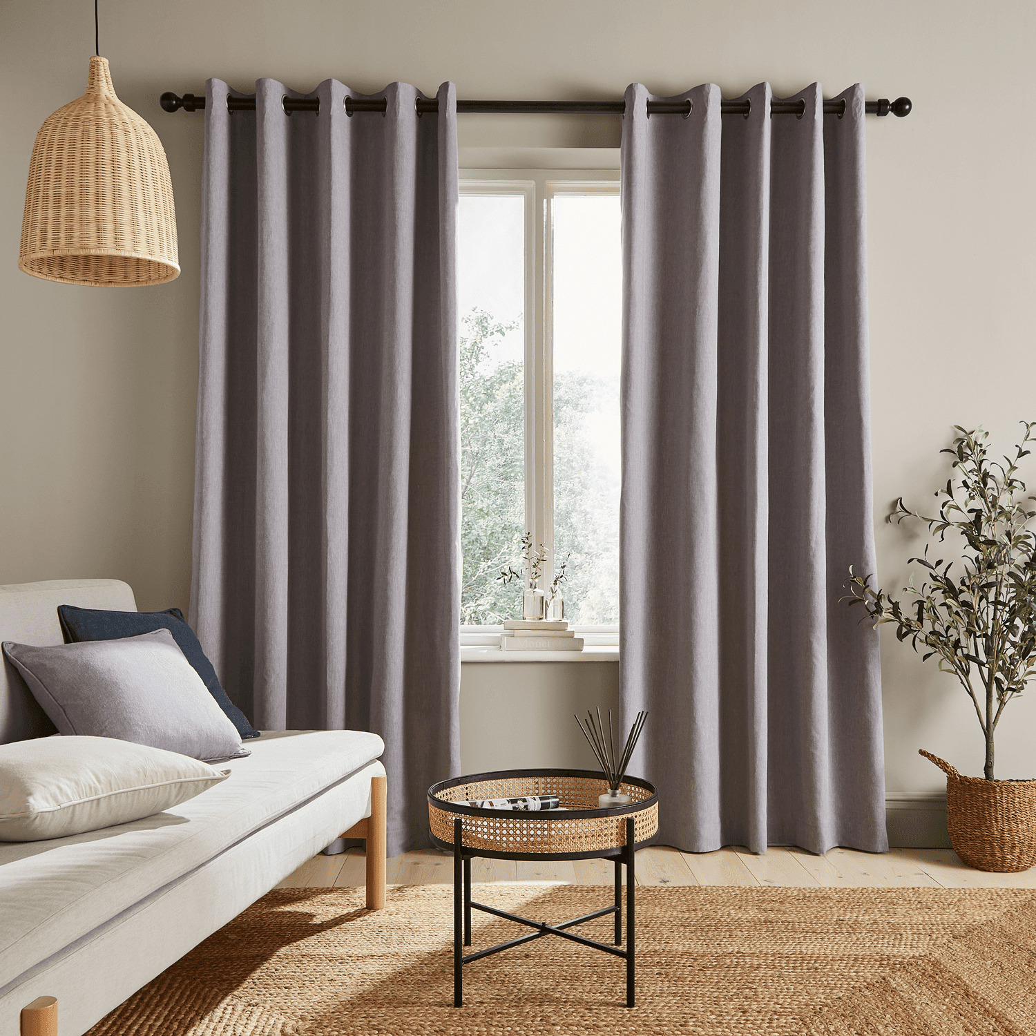 Catherine Lansfield Yarn Dyed 100% Cotton Chambray Lined Eyelet Curtains Two Panels - Grey 1 Shaws Department Stores