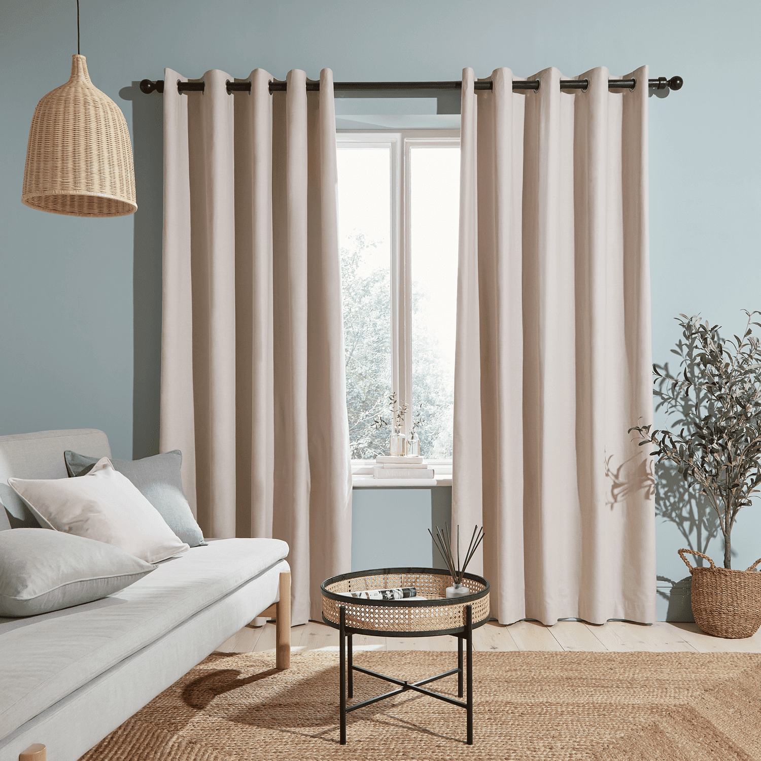 Catherine Lansfield Yarn Dyed 100% Cotton Chambray Lined Eyelet Curtains Two Panels - Natural 1 Shaws Department Stores