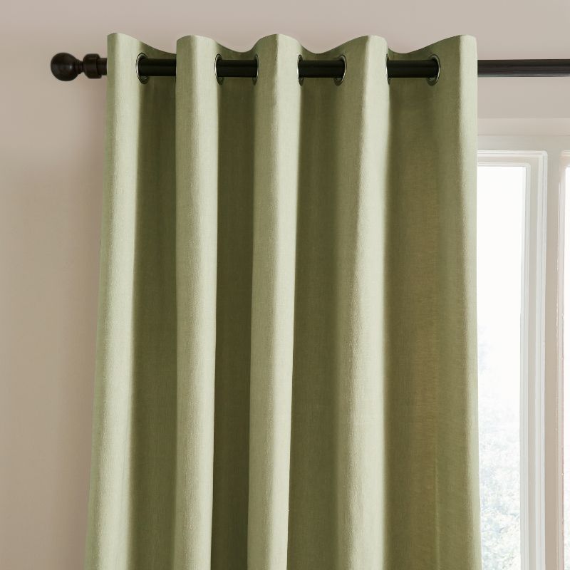Catherine Lansfield Yarn Dyed 100% Cotton Chambray Lined Eyelet Curtains Two Panels - Sage 2 Shaws Department Stores
