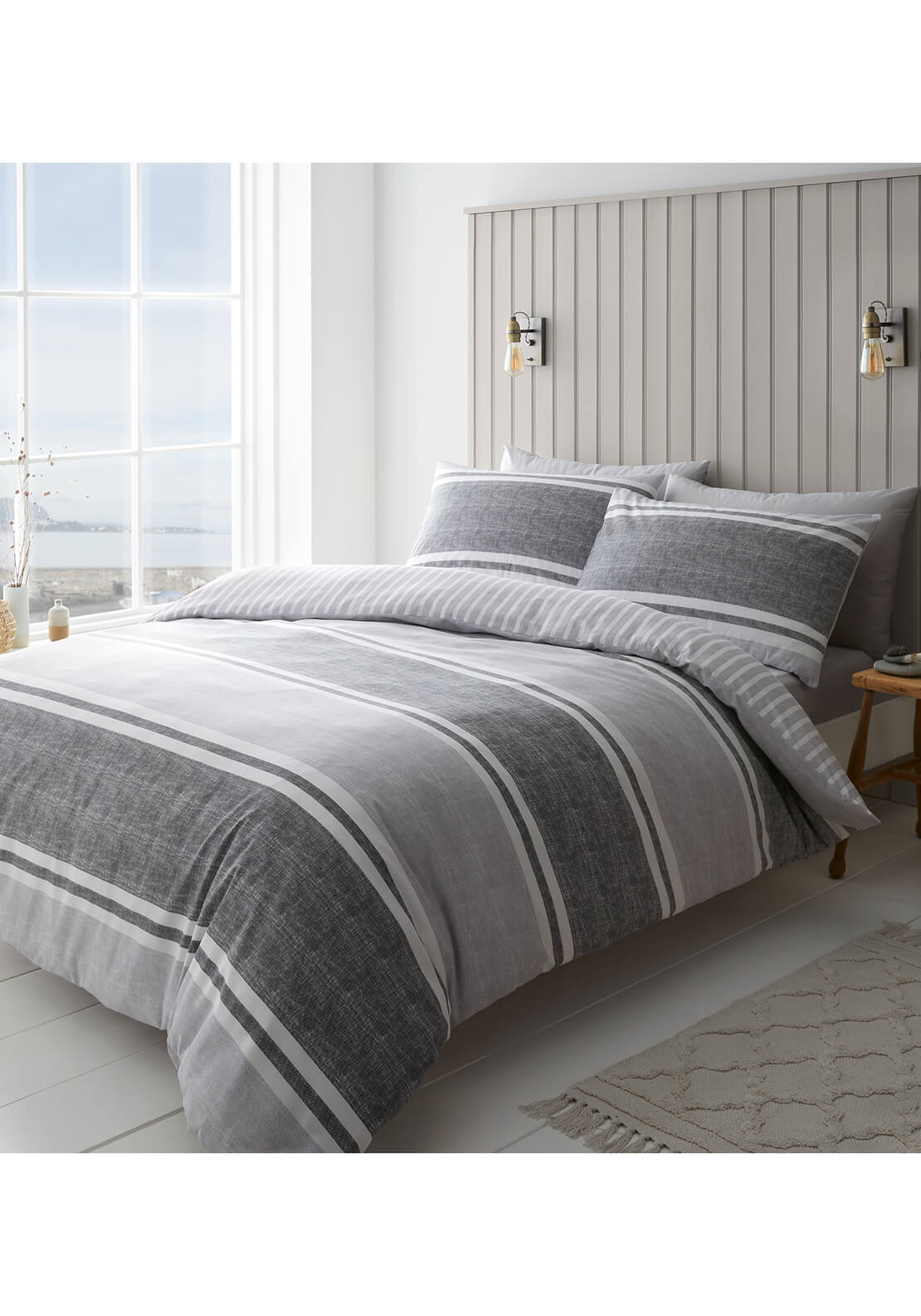 The Home Collection Classic Textured Banded Stripe Reversible Duvet Cover Set - Grey 1 Shaws Department Stores
