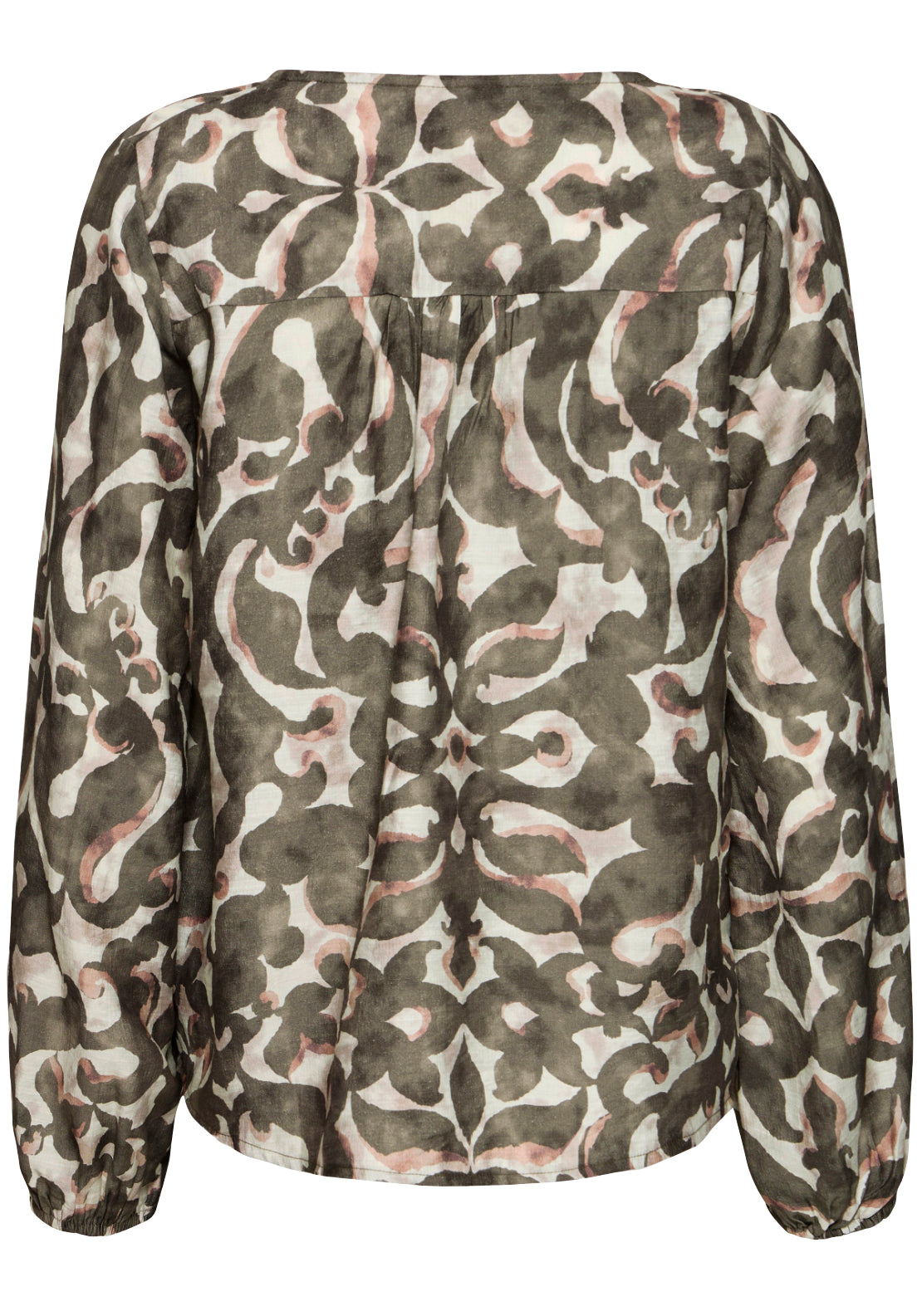 Fransa Abstract Long Sleeve Blouse - Boho Bloom Smokey Olive 3 Shaws Department Stores