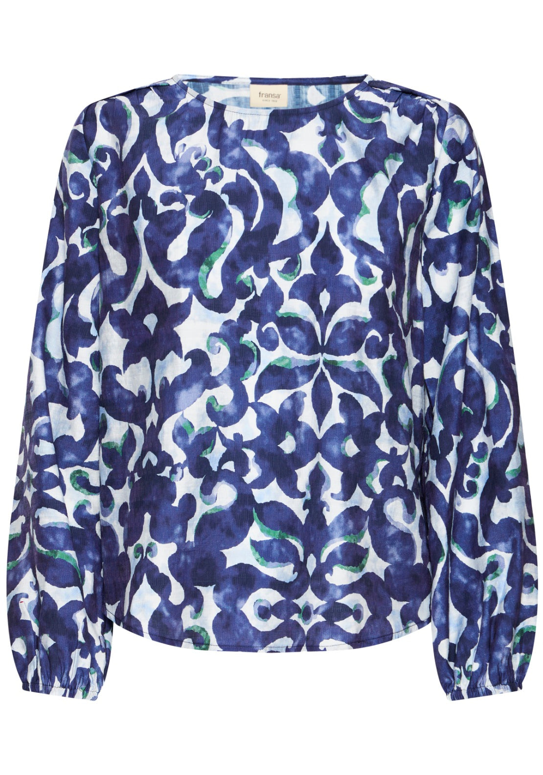 Fransa Abstract Long Sleeve Blouse - Boho Bloom Navy/green 2 Shaws Department Stores