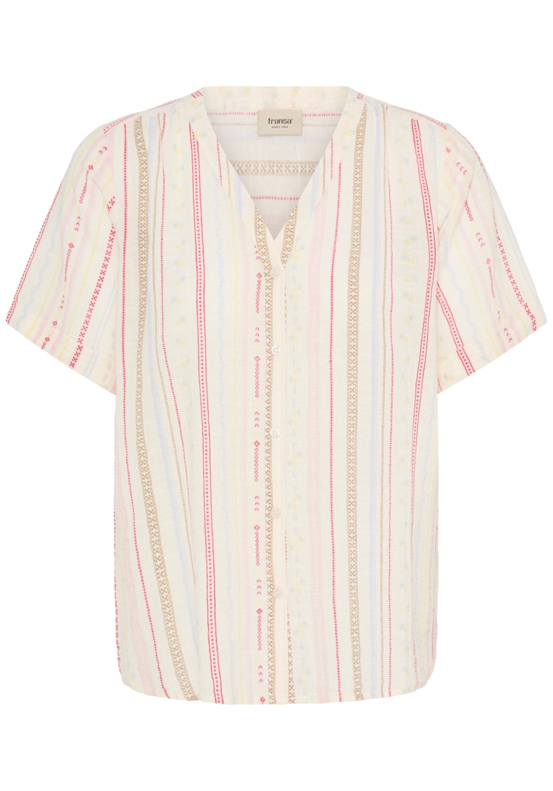 Fransa Relaxed Short Sleeve Shirt - Cream W Red Yellow Stripe 2 Shaws Department Stores
