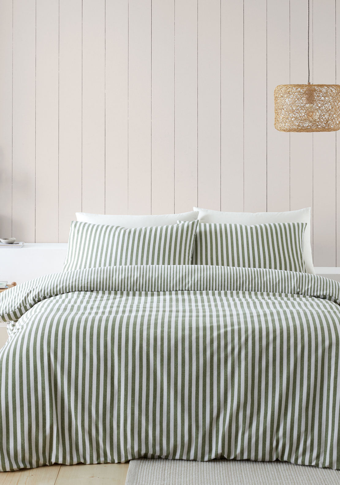 The Home Collection 100% Brushed Cotton Fine Stripe Duvet Cover Set - Green 1 Shaws Department Stores