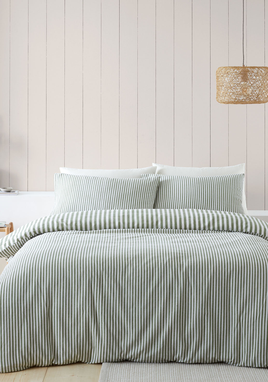 The Home Collection 100% Brushed Cotton Fine Stripe Duvet Cover Set - Green 2 Shaws Department Stores