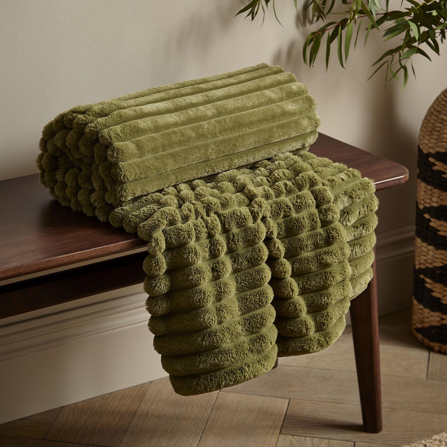 The Home Collection Soft and Cosy Ribbed Throw Cream - Green 3 Shaws Department Stores